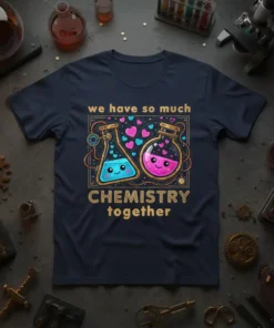 T-shirt design with text "we have so much CHEMISTRY together" and cute cartoon chemistry flasks with hearts