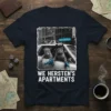 We Hersten's Apartments t-shirt design featuring gangster cats in a car holding blue guns, with urban city background