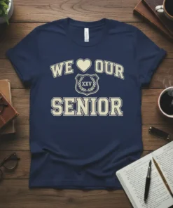 Navy blue t-shirt with "We Love Our Senior XXV" text and a shield graphic, celebrating senior year