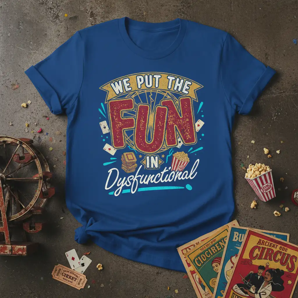 WE PUT THE FUN IN Dysfunctional quote t-shirt with circus-inspired graphics and distressed typography