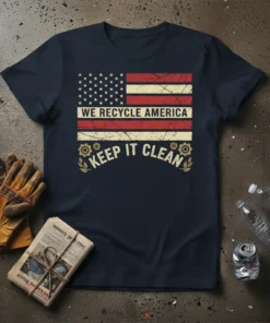 American flag design with text "WE RECYCLE AMERICA KEEP IT CLEAN" and distressed vintage look