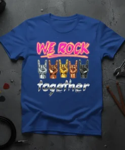 We Rock Together t-shirt with colorful rock hand signs and bold text