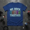We Rock Together t-shirt design with colorful rock hand symbols and distressed typography