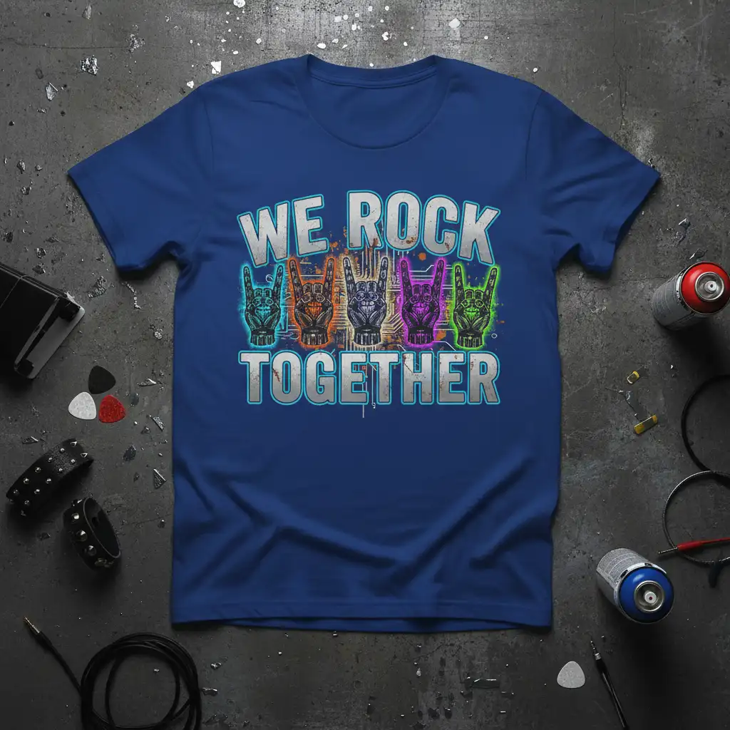 We Rock Together quote with neon colored rock hand gestures on a graphic t-shirt