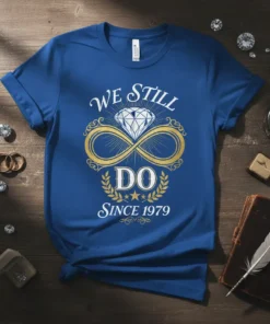 Anniversary t-shirt design featuring "We Still Do Since 1979" text, a diamond, and infinity symbol