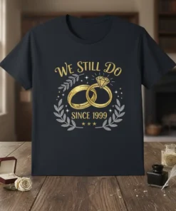 We Still Do Since 1999 anniversary t-shirt design with gold wedding rings and diamond, surrounded by laurel leaves and stars