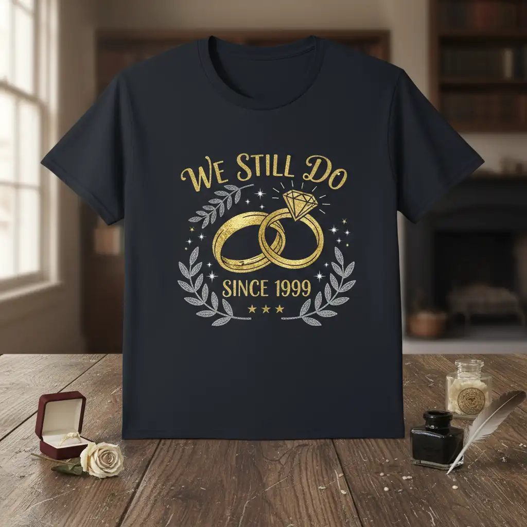 We Still Do Since 1999 anniversary t-shirt design with intertwined gold rings and diamond graphic