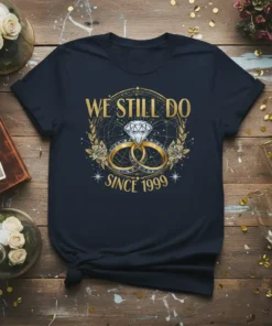 Navy blue t-shirt with "We Still Do Since 1999" text, wedding rings, and diamond graphic