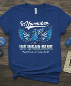 Blue T-Shirt with "In November WE WEAR BLUE Diabetes Awareness Month" text and blue ribbon with wings graphic