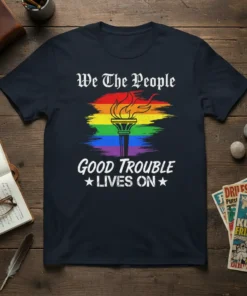 We The People GOOD TROUBLE LIVES ON t-shirt with rainbow torch graphic, symbolizing equality and activism
