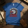 We The People No Kings In America t-shirt design with an eagle head inside a gear, bold red text, and