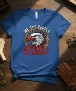 We The People No Kings In America t-shirt design with an eagle head inside a gear, bold red text, and