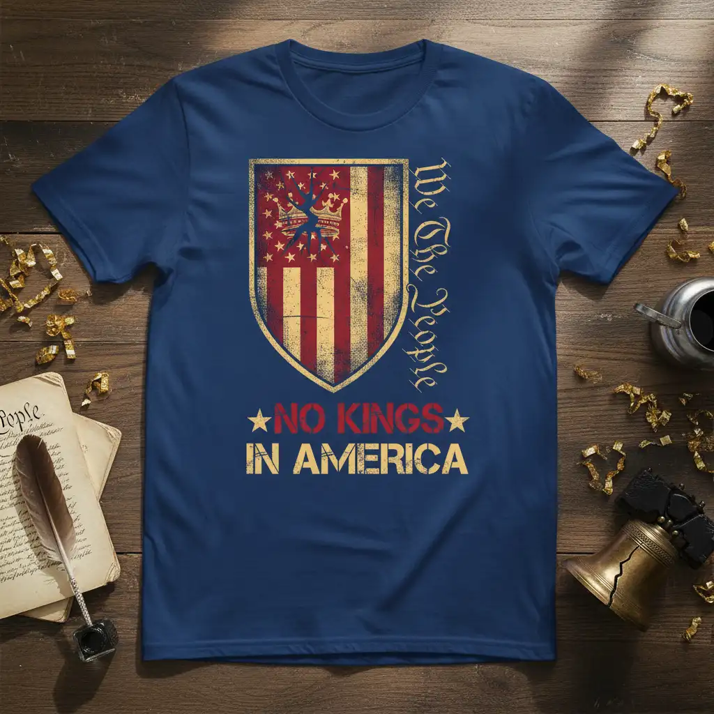 We The People NO KINGS IN AMERICA text design with distressed US flag shield graphic and patriotic stars