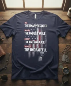 T-shirt with distressed American flag graphic and quote: "We The Unappreciated Must Do The Unbelievable And See The Unthinkable To