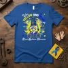 Gnome wearing yellow and blue holding Down Syndrome awareness ribbon on a blue t-shirt with text "Wear Yellow and Blue