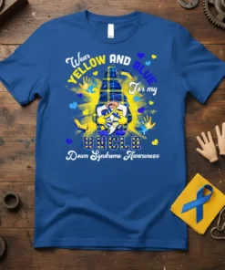 Gnome wearing yellow and blue holding Down Syndrome awareness ribbon on a blue t-shirt with text "Wear Yellow and Blue