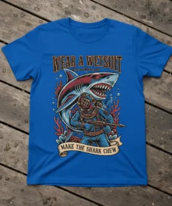 WEAR A WETSUIT MAKE THE SHARK CHEW text on a t-shirt with a diver and shark illustration