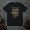 Wears Black Loves Coffee Avoids People quote on a black t-shirt with a decorative coffee cup graphic