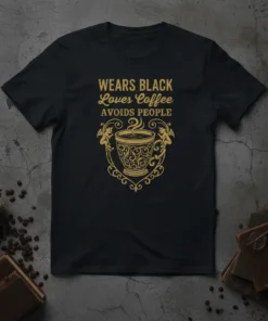 Wears Black Loves Coffee Avoids People quote on a black t-shirt with a decorative coffee cup graphic