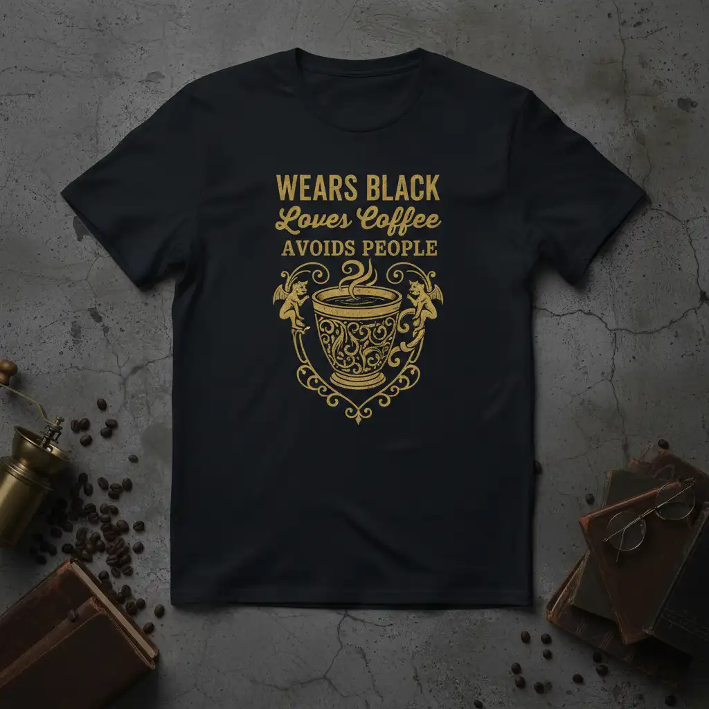 Wears Black Loves Coffee Avoids People quote with ornate coffee cup graphic on black t-shirt