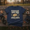 Wears Black Loves Dogs Avoids People t-shirt design featuring a golden retriever graphic and humorous text