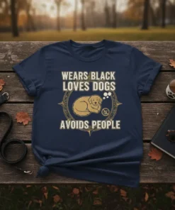 Wears Black Loves Dogs Avoids People t-shirt design featuring a golden retriever graphic and humorous text