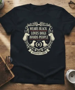 Wears Black Loves Dogs Avoids People Introvert's Creed text design on a black t-shirt with dog graphics and paw prints