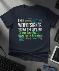 Dark blue t-shirt with "I'm a Web Designer. To save time let's just assume that I'm never wrong" quote and