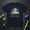 Webb Space Telescope text with golden telescope graphic on a navy t-shirt, featuring a starry nebula background