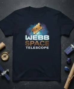 Webb Space Telescope text with golden telescope graphic on a navy t-shirt, featuring a starry nebula background