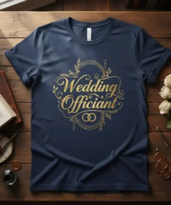 Gold "Wedding Officiant" text with wedding rings graphic on a navy blue t-shirt