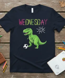 Wednesday Dinosaur Soccer T-Shirt design featuring a green T-Rex kicking a soccer ball, with colorful "WEDNESDAY" text and a smiling