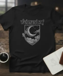 Black t-shirt with "Wednesday" text above a gothic crest featuring a crescent moon, stars, clouds, and an owl