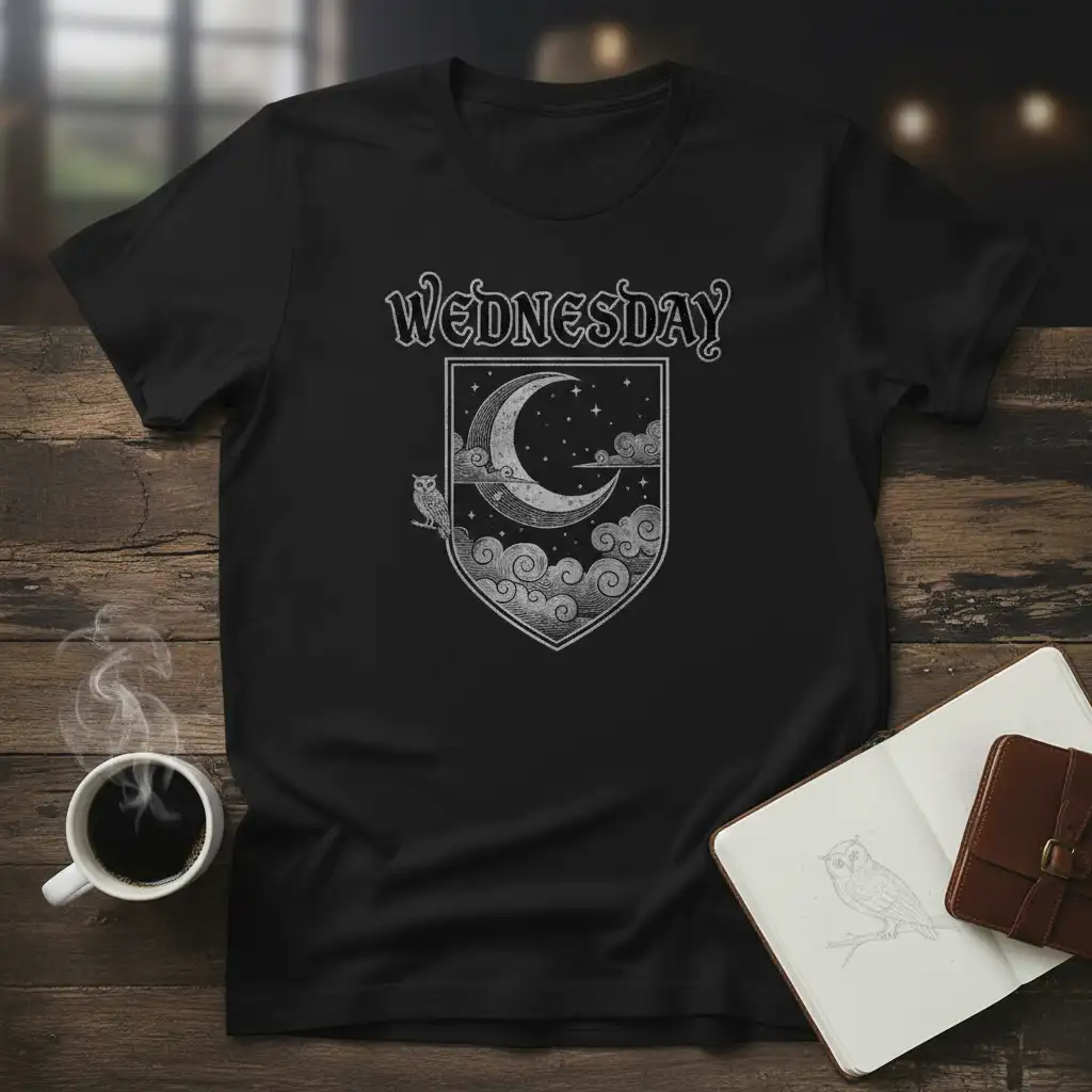 Wednesday gothic crest t-shirt design with crescent moon, stars, clouds, and owl graphic