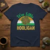 Wee Little Hooligan text with shamrock and Irish flag colors on a navy t-shirt design