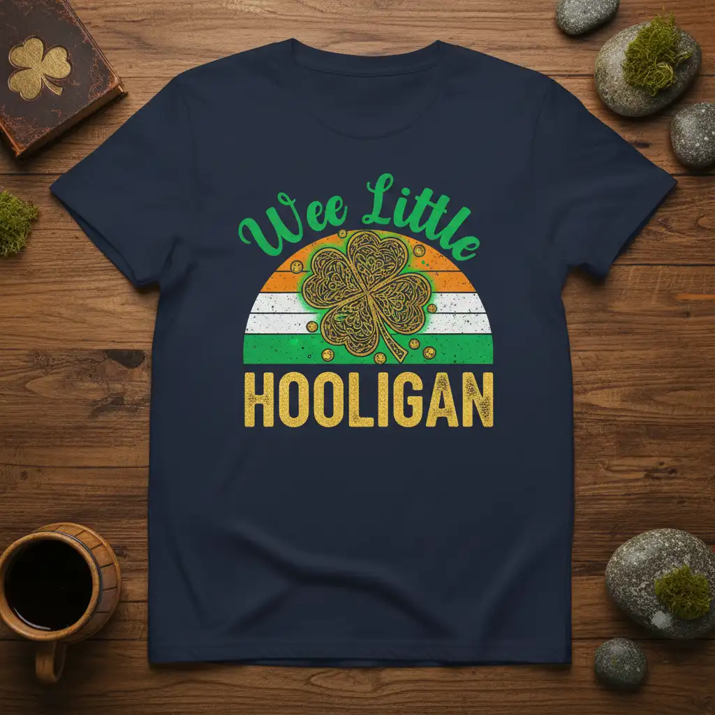 Wee Little Hooligan quote with shamrock design and Irish flag colors on a t-shirt