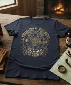 WEEKEND FORCAST DEER HUNTING text design featuring bold typography on quality t-shirt