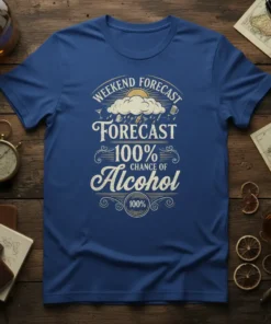 Weekend Forecast 100% Chance of Alcohol T-Shirt with retro typography and drink graphics