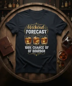 Weekend Forecast 100% Chance of Bourbon graphic tee with three glasses of whiskey and ice