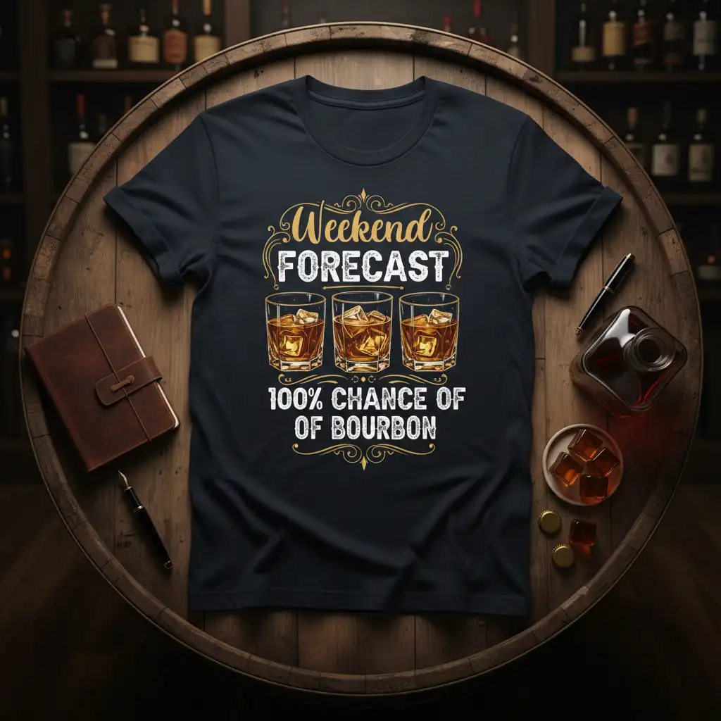 Weekend Forecast 100% Chance of Bourbon quote on a dark t-shirt with whiskey glasses graphic