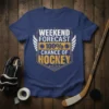 Weekend Forecast 100% Chance of Hockey text design with hockey pucks and crossed sticks graphic