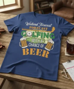 Weekend Forecast FORECAST GOLFING WITH A CHANCE OF BEER text design with golf club, golf ball, and beer mugs graphic