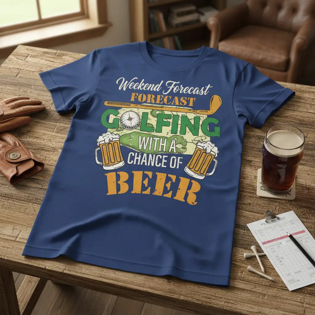 Weekend Forecast FORECAST GOLFING WITH A CHANCE OF BEER quote with golf elements and beer mugs graphic