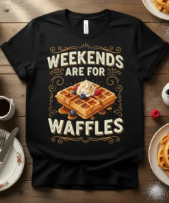 Weekends Are For Waffles quote with a graphic of syrup-covered waffles topped with whipped cream and berries on a black