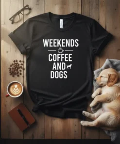 Black t-shirt with white text "Weekends Coffee And Dogs" and small coffee cup and dog icons