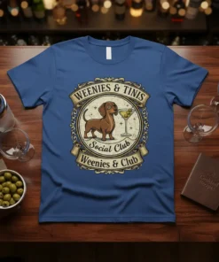 Weenies & Tinis Social Club t-shirt featuring a dachshund holding a martini glass and text in a vintage emblem style