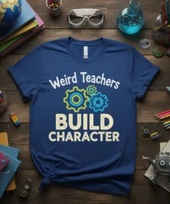 Weird Teachers BUILD CHARACTER quote with gears graphic on a navy blue t-shirt