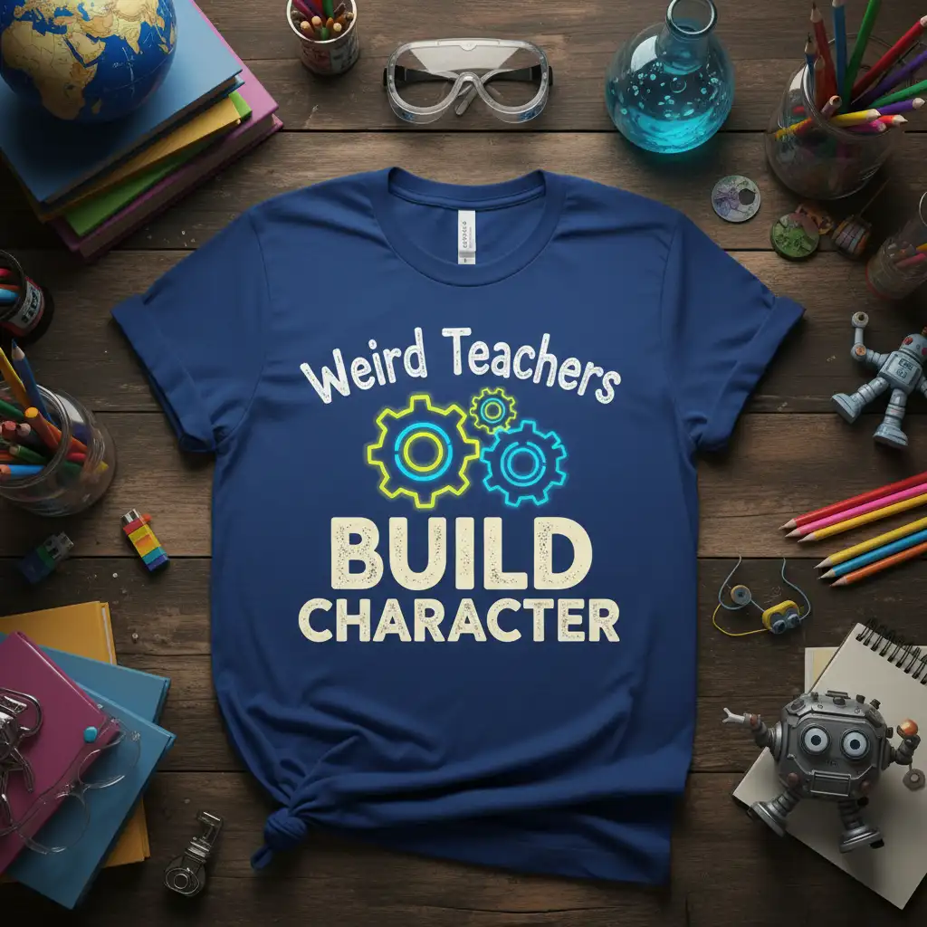 Weird Teachers BUILD CHARACTER quote with gears graphic on a navy blue t-shirt for educators