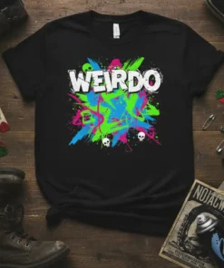 Black t-shirt with "WEIRDO" in white bold font over a chaotic splatter of neon pink, blue, and green paint, with