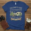 Welcome to Camp QuitcherBitchin T-Shirt with vintage camper graphic and camping scene